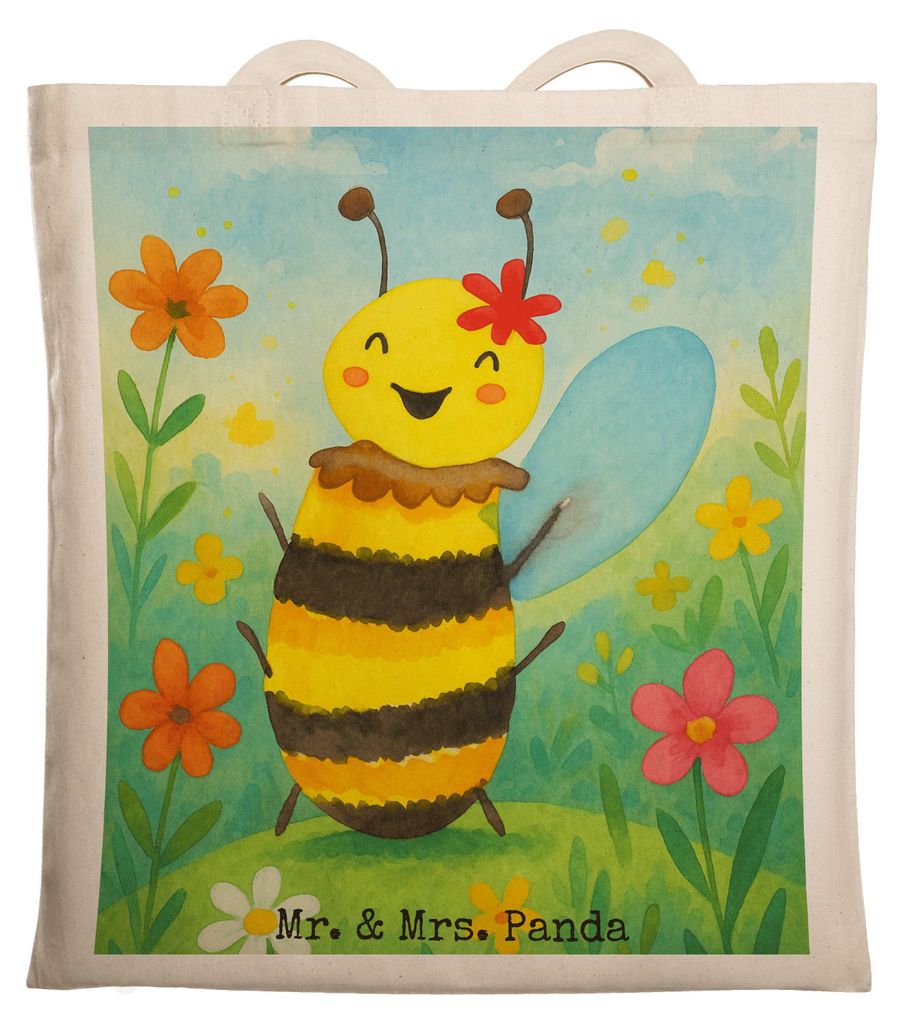 Mr. & Mrs. Panda Stoffbeutel Biene Happy Design - Weiß - Geschenk, Tasche, Laptoptasche, Shopping, Schultasche, Jutebeutel, Tote Bag
