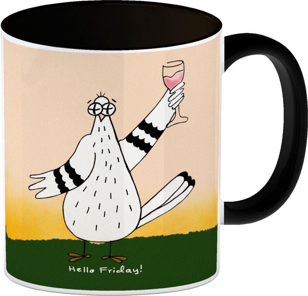 Motivation Kaffeebecher Schwarz mit lustigen Tauben und Spruch Fuck Monday