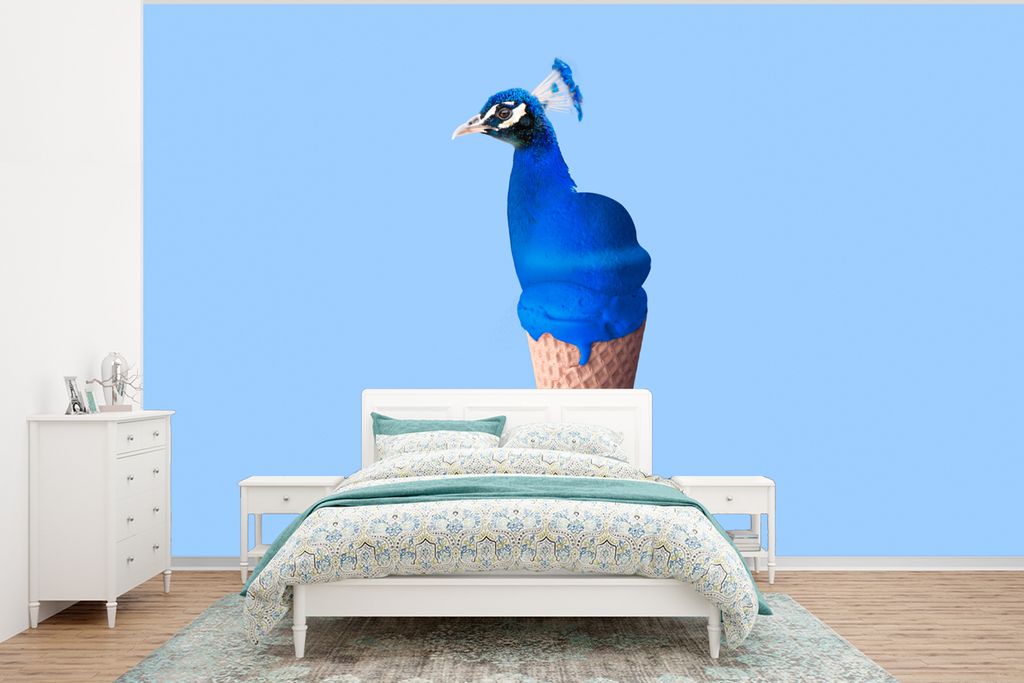MuchoWow Fototapete für Wohnzimmer oder Schlafzimmer Wandtapete Vinyl Motivtapete Pfau - Eistüten - Eiscreme - Blau - Vogel - 400x300 cm - Papi...