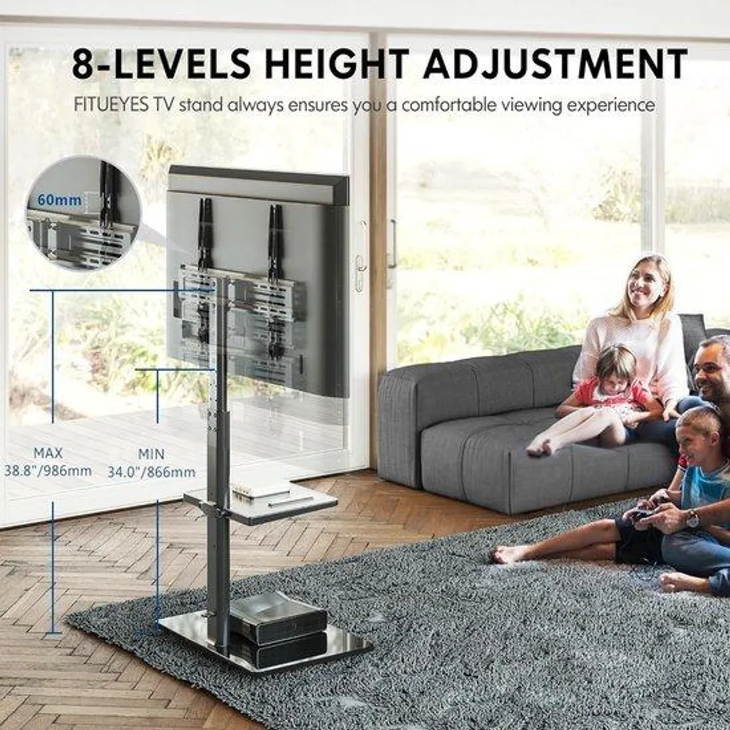 Support TV sur Pied Noir pour Écrans 32 à 60 Pouces avec Tablette Réglable