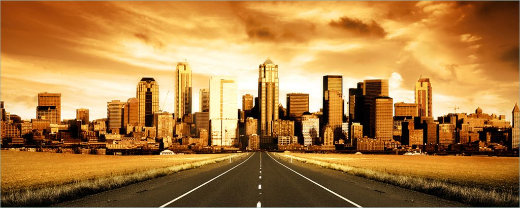 Wallario Poster - Skyline am Ende der Straße, Kunstdruck Größe: 80 x 200 cm
