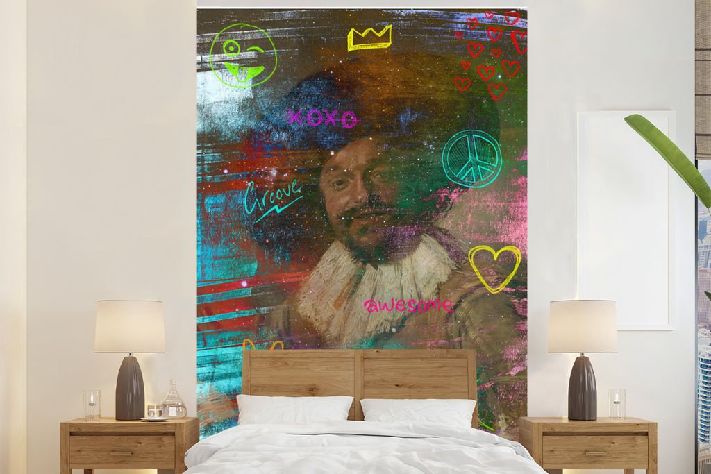 MuchoWow Fototapete für Wohnzimmer oder Schlafzimmer Wandtapete Vinyl Motivtapete Der fröhliche Trinker - Frans Hals - Neon - 160x240 cm - Viny...