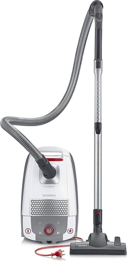 A vacuum cleaner with its hose and floor attachment, presented against a white background.