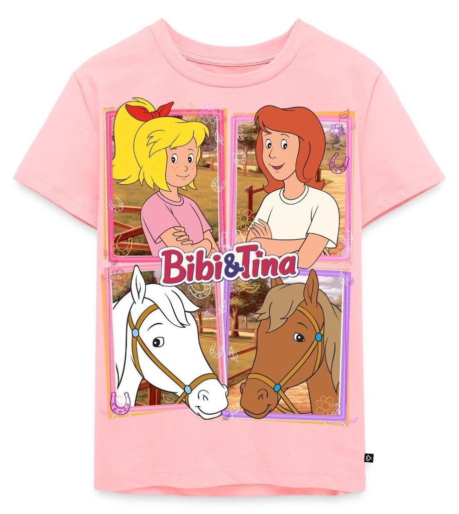 Spreadshirt Bibi Und Tina Mit Amadeus Und Sabrina Kachelmotiv Kinder Premium T-Shirt, 122/128 (6 Jahre), Rosa