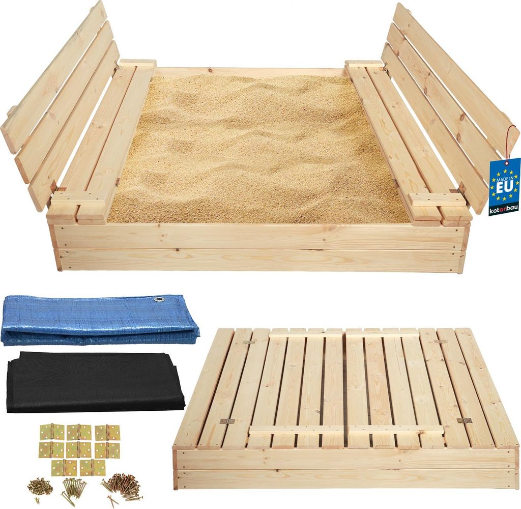 KOTARBAU Sandkasten mit Abdeckung 140 x 140 cm Naturfarbe Großer Holzsandkasten Sandkasten mit Sitzbank und Deckel Gartenspielzeug Kinder imprä...