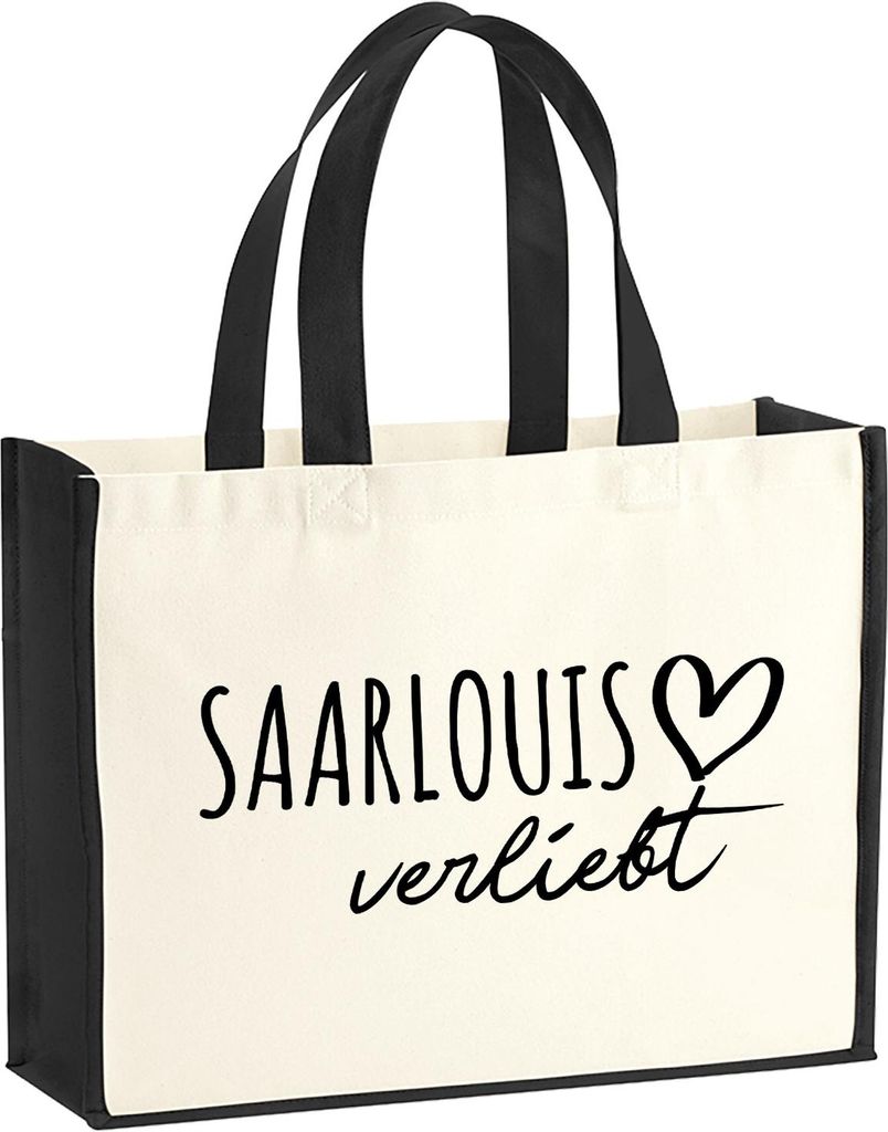 Huuraa Jutetasche Saarlouis verliebt 21 Liter Black Jute und Baumwolle Einkaufstasche Geschenkidee