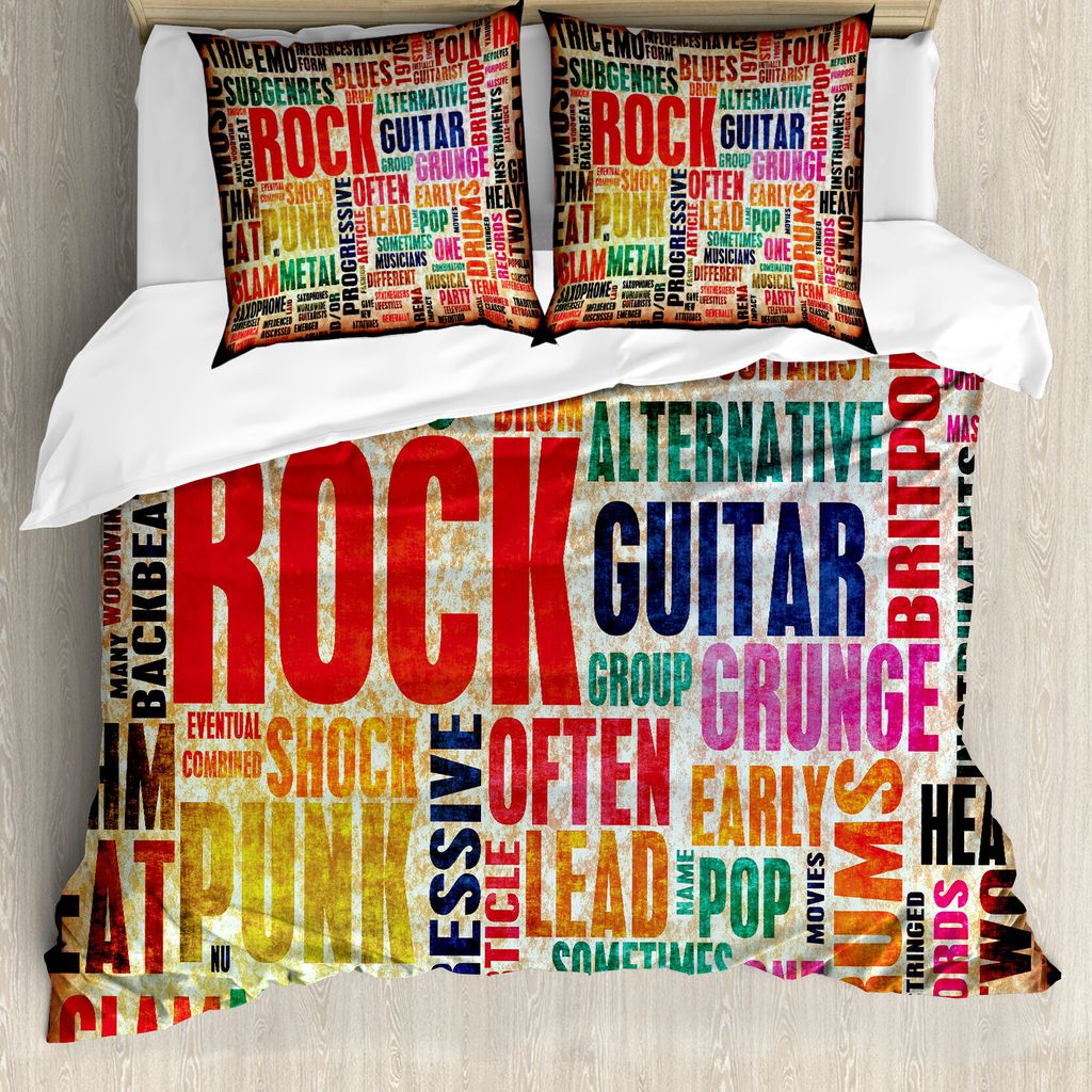 ABAKUHAUS Musik Bettbezugs Set Für Doppelbetten, Rock'n'Roll Gitarre Poster, Milbensicher Allergiker geeignet mit Kissenbezügen, Mehrfarbig