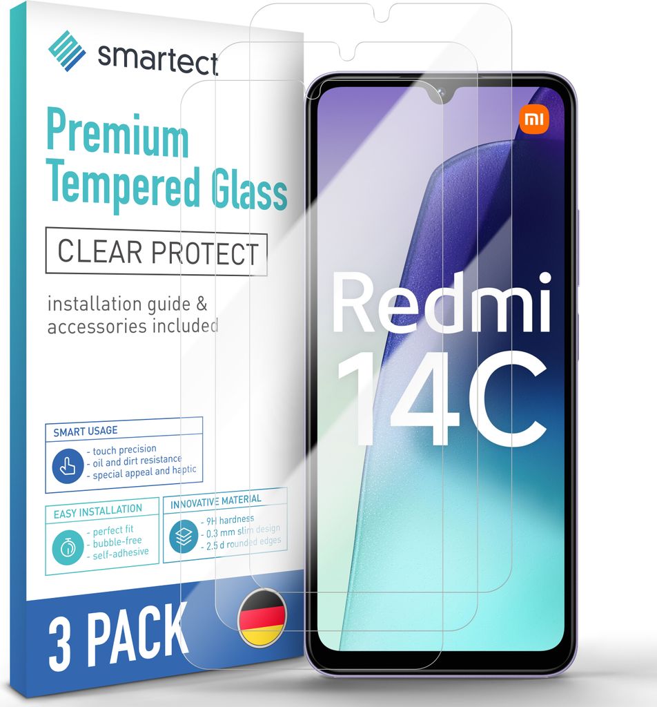 A product shot of screen protectors for a Xiaomi Redmi 14c phone, with packaging and the phone screen visible.