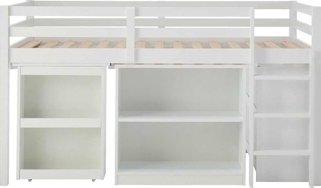 Etagenbett 90 x 190 cm mit Kommode und ausziehbarem Schreibtisch - Kiefernholz und MDF - Weiß - ABRENO