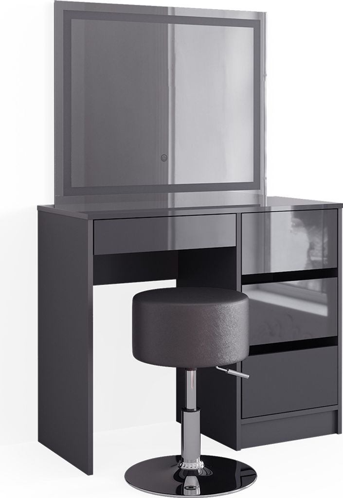 A dark gray vanity table with a large LED mirror and a matching stool, presented on a white background.