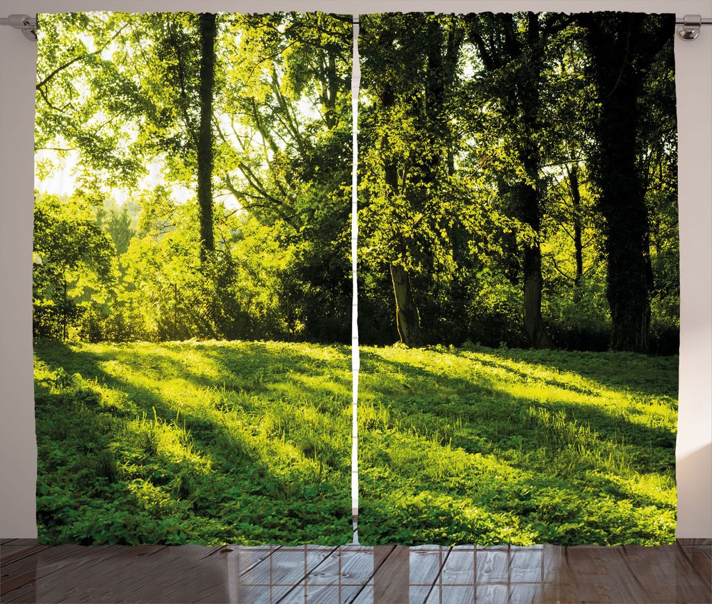 ABAKUHAUS Grün Rustikaler Vorhang, Aufgehende Sonne strahlt Wald aus, Wohnzimmer Universalband Gardinen mit Schlaufen und Haken, 280 x 225 cm, Grün