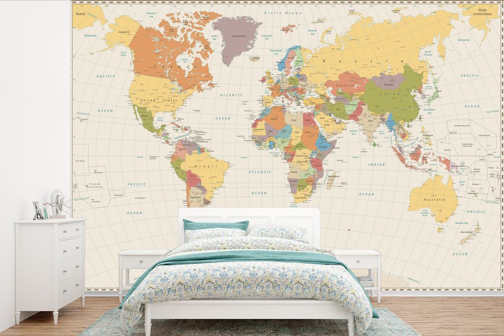 MuchoWow Fototapete für Wohnzimmer oder Schlafzimmer Wandtapete Vinyl Motivtapete Karte - Welt - Braun - 390x260 cm - Papiertapete