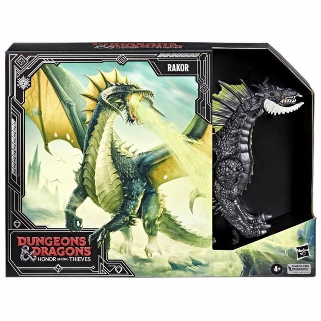The image shows a Dungeons & Dragons action figure of a dragon named Rakor, presented in its retail packaging. The packaging features artwork of the dragon breathing fire and a smaller image of the actual toy figure. The background of the packaging is dark