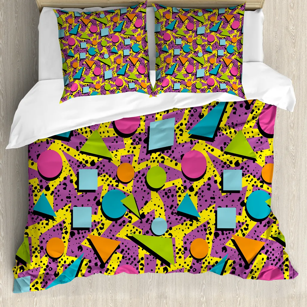 ABAKUHAUS Copripiumino vintage, stile geometrico funky, antiacaro, adatto a chi soffre di allergie, con federe, 155 cm x 220 cm - 80 x 80 cm, multicolore