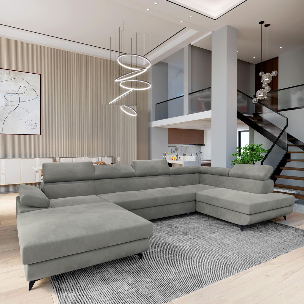 Masseno Ecksofa RUBANO R-S mit Schlaffunktion U-Form, Sofa mit Bettkasten, Wohnzimmersofa, Couch, Soffa, Bettsofa, Couchgarnitur- Hellgrau, MONOLIT...