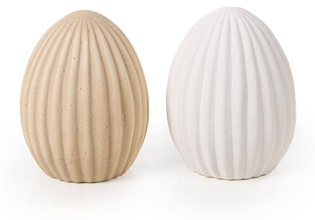 2 Osterei Figuren beige weiß sandgestrahlt Keramik Osterschmuck Scandi Hygge 9 cm