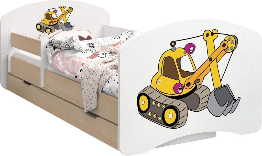 BDW Kinderbett, Doppelseitiges mit Schublade, Gelber Bagger, 160/80