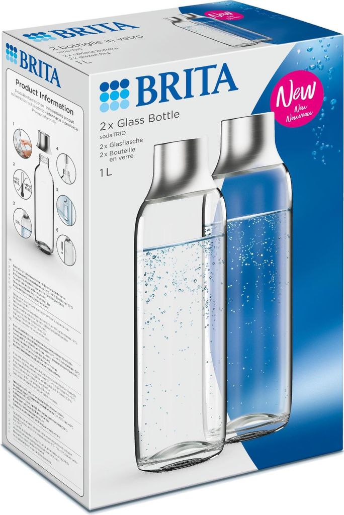BRITA Glasflasche für sodaTRIO Wassersprudler (1l), 2er Pack Ersatzflaschen – leichte, elegante Wasserflaschen aus Glas im Duo-Pack/Sprudlerflas...