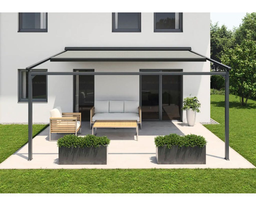 SOLUNA Pergola mit Stoffdach 2,5x2,5 Stoff Dessin S1469 Gestell RAL 7016 anthrazitgrau Antrieb Links inkl. Motor, Wandsc
