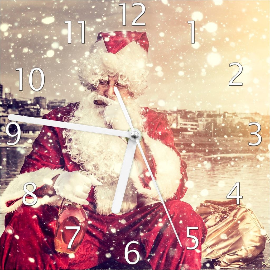 Wallario Design Wanduhr Christmas-Party - Weihnachtsmann mit Schnaps und Zigarre aus Echtglas, Größe 20 x 20 cm