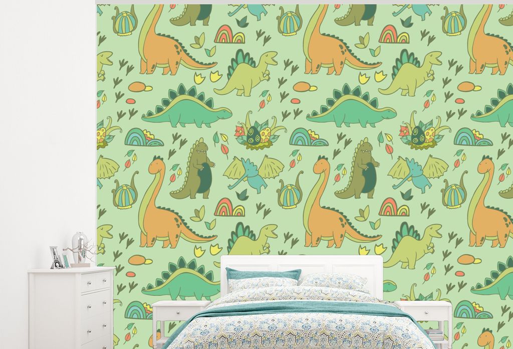 MuchoWow Fototapete für Wohnzimmer oder Schlafzimmer Wandtapete Vinyl Motivtapete Muster - Dino - Grün - Kleiner Junge - Kind - Kinder - 275x22...
