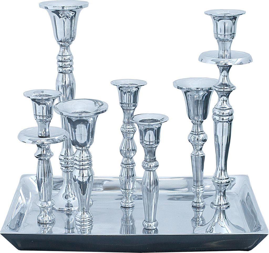 Kerzenständer MODERN BAROCK 7-flammig silber Aluminium poliert Kerzenhalter Deko-Platte
