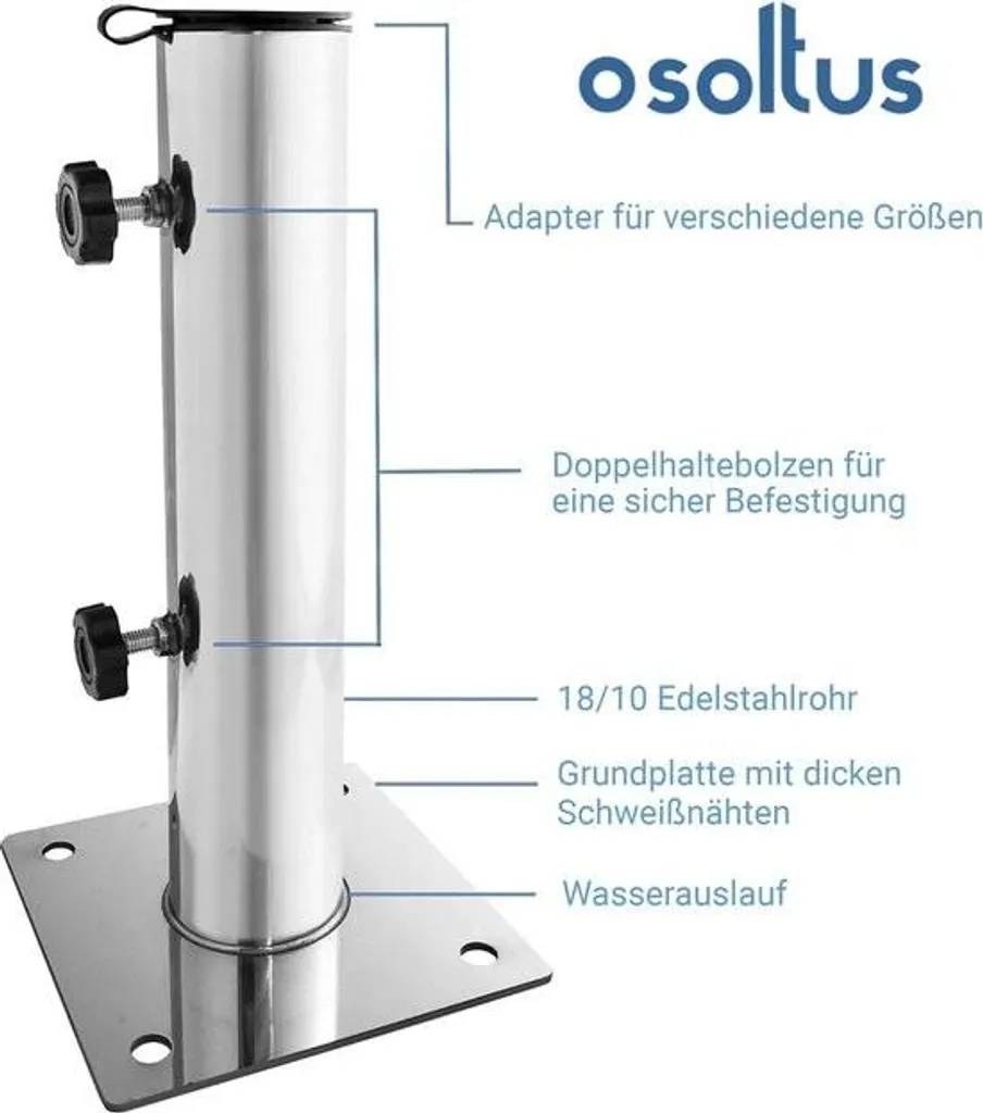 Support parasol inox plaque granit 4 trous Ø 55 mm - Fixation stable