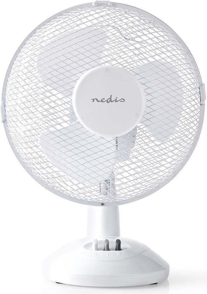 A white desk fan shown from the front.