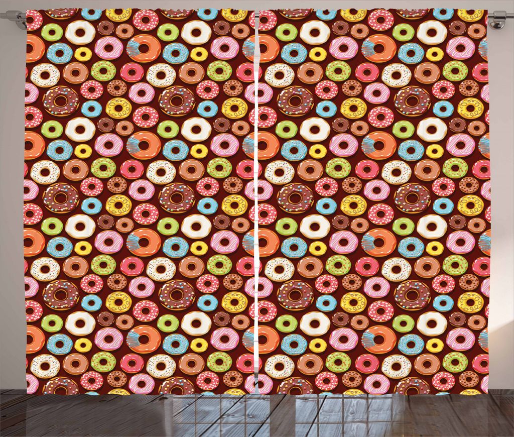 ABAKUHAUS Schokolade Rustikaler Vorhang, Bunte Yummy Donuts Kunst, Wohnzimmer Universalband Gardinen mit Schlaufen und Haken, 280 x 245 cm, Mehrfarbig