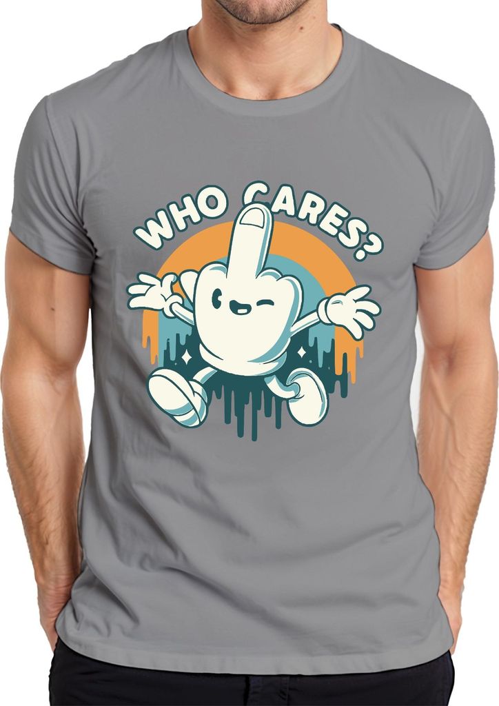 Who Cares Mittelfinger Cartoon frech Retro Vintage 90er Skater Herren T-Shirt, Grau, XL