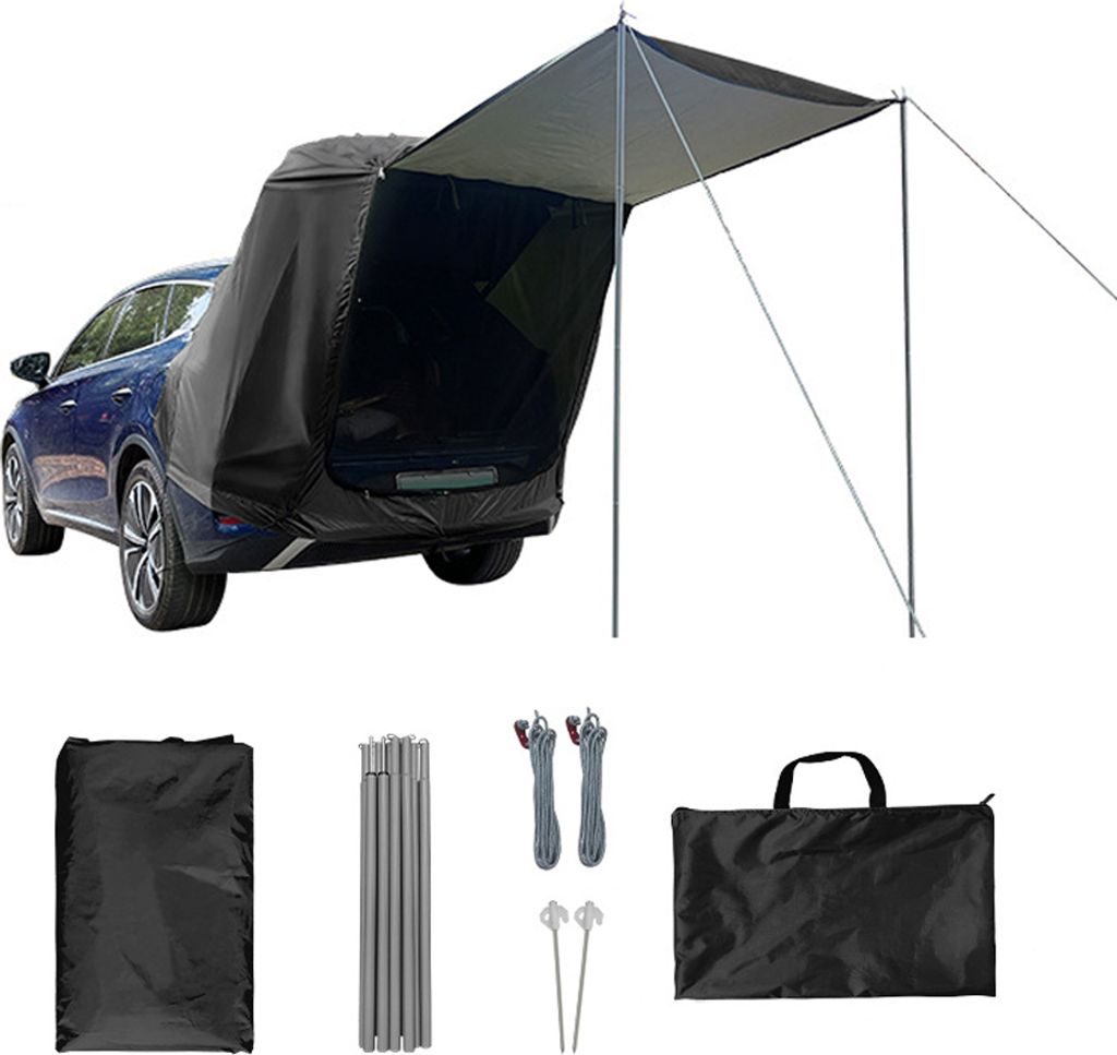Outdoor Auto-Heckzelt, Camping-Auto-Heckzelt mit Vordach, Dachverlängerungszelt, schwarz – mit Stange (2,25 kg)