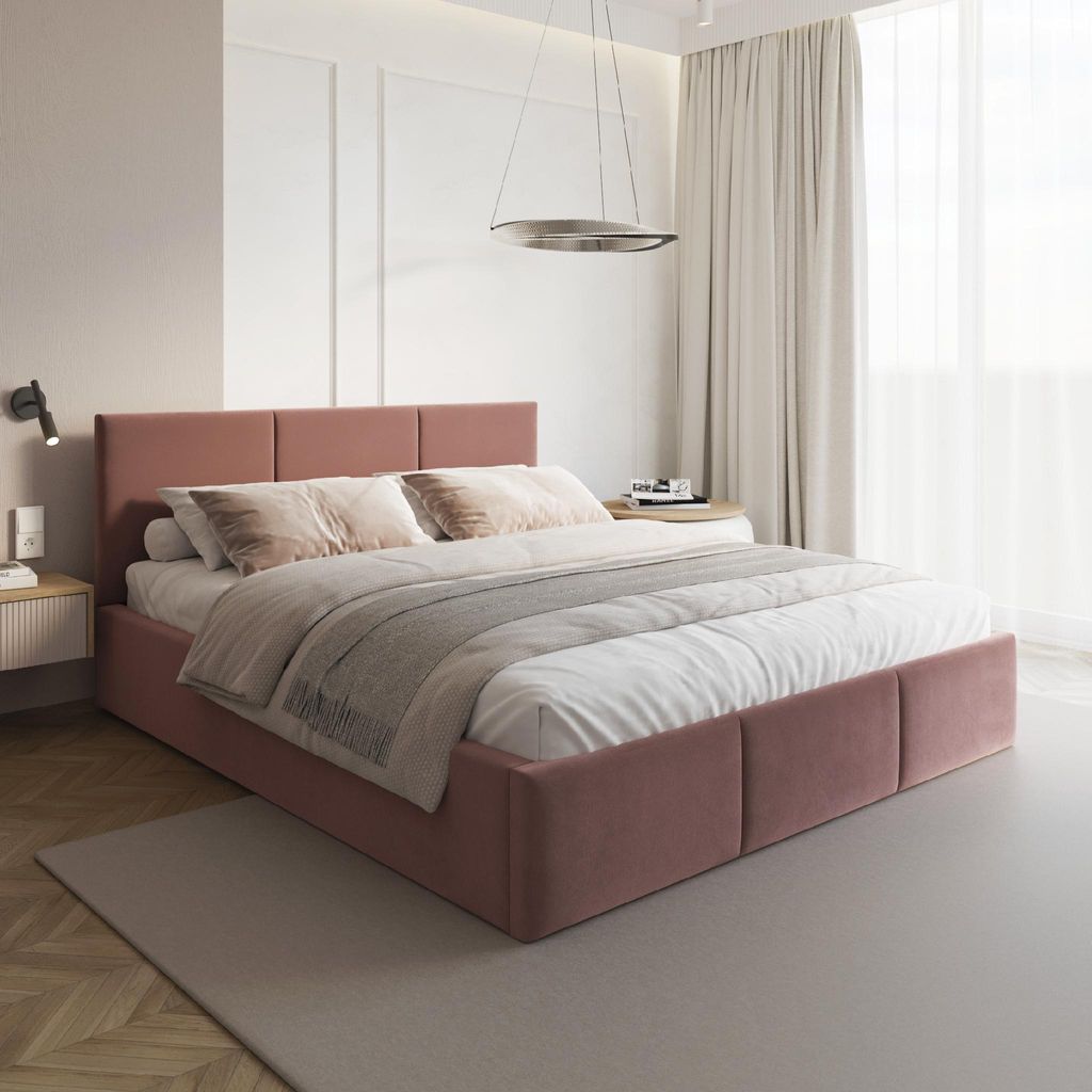 FDM Bett AMBER Paris 120x200 cm Polsterbett mit Lattenrost aus Metall Bettkasten Stauraumbett Samt salmon