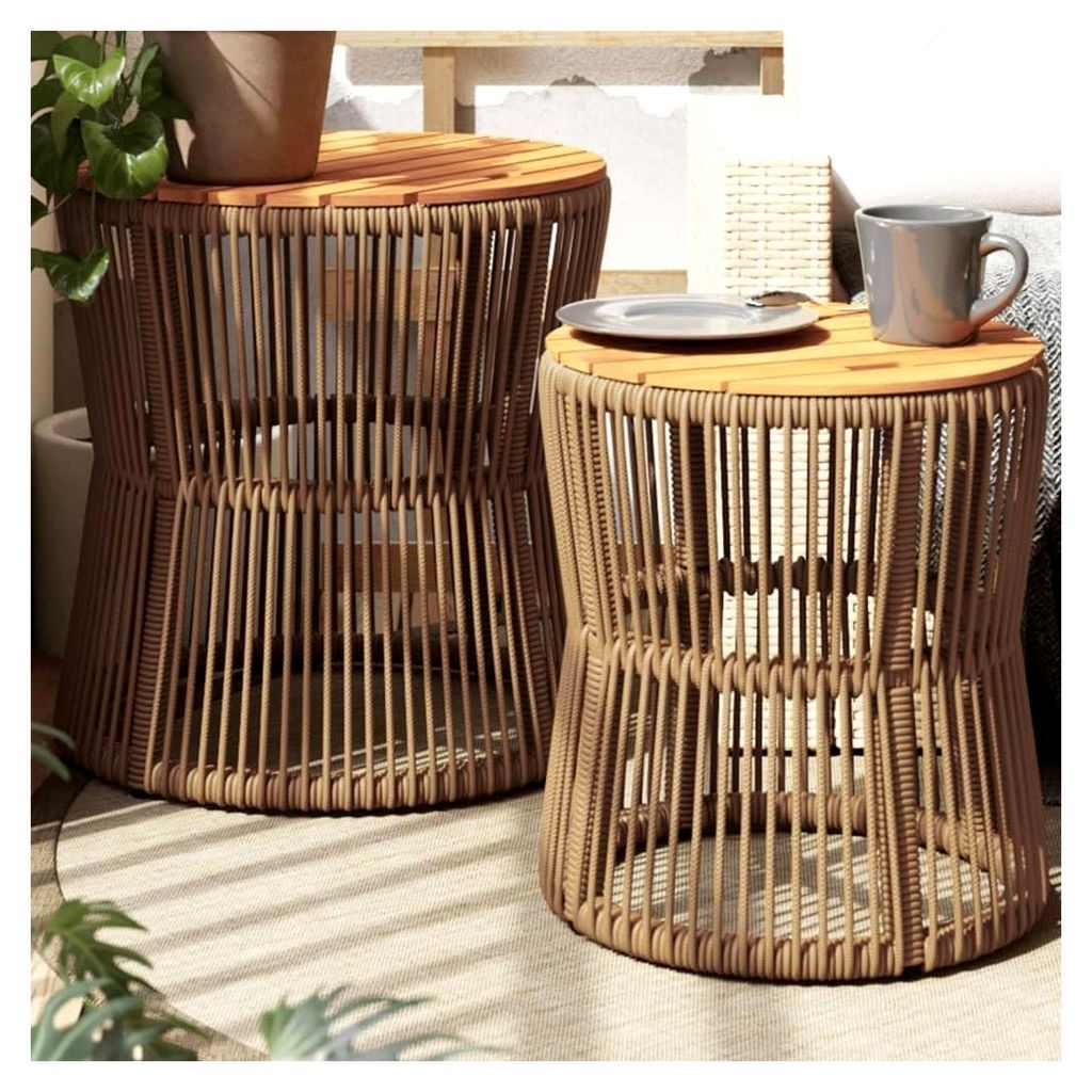 Beistelltisch aus Polyrattan mit Holzplatte, niedriger Gartentisch, 2 Stück mit beigefarbener Holzplatte