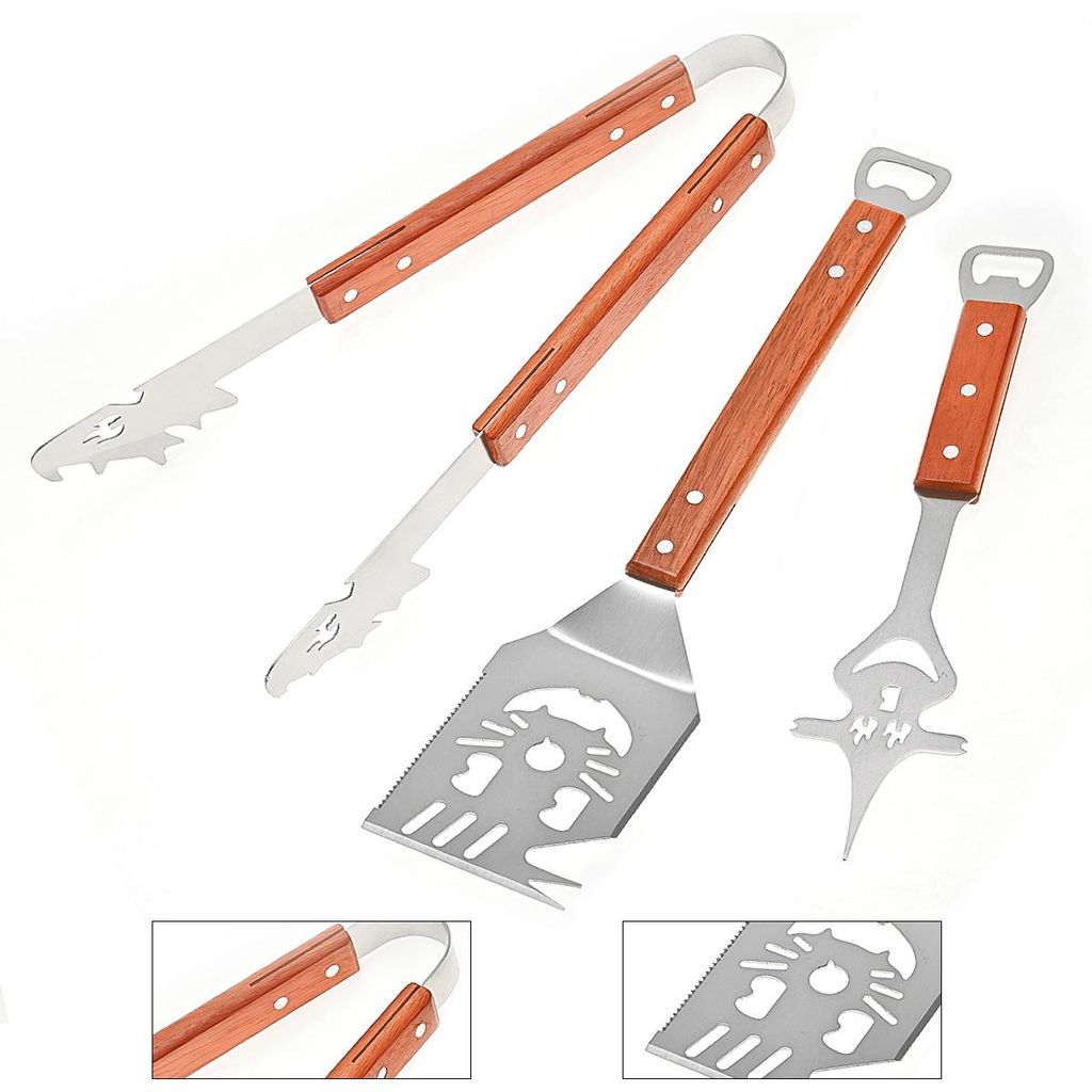 Grillbesteck Set Edelstahl mit Holzgriff – BBQ Zange, Gabel & Wender im 3er Set, robust & hitzebeständig, inkl. Aufbewahrungsbox