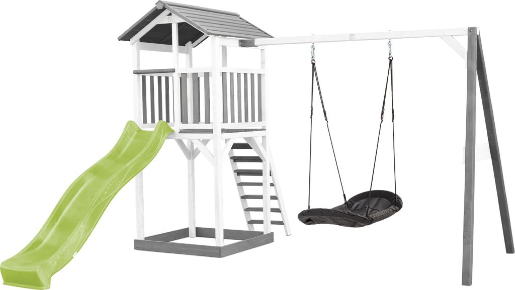 AXI Beach Tower Spielturm aus Holz in Weiß & Grau | Spielhaus für Kinder mit hellgrüner Rutsche, Nestschaukel und Sandkasten | Stelzenhaus für ...