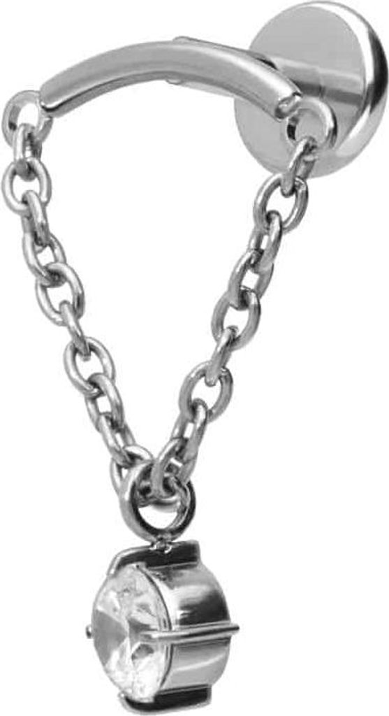 Ohrpiercing, Nasenpiercing Titan Labret mit Push Fit BOGEN + KETTE + KRISTALL Silber Stablänge: 5mm | Stabstärke: 1mm