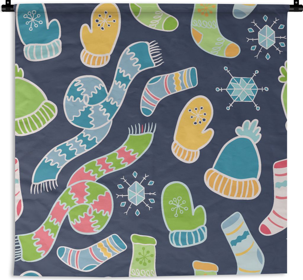 MuchoWow Wandteppich Wandbehang Schal - Handschuhe - Mütze - Regenbogen - Winter - Schnittmuster 90x90 cm Tapisserie Dekoration Wandtuch - Wanda...