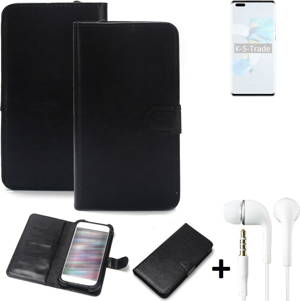 K-S-Trade Wallet Case Handyhülle kompatibel mit HTC Desire 20+ Schutzhülle Flip cover Flipstyle Tasche Hülle Flipcover Slim Bumper schwarz + in ear