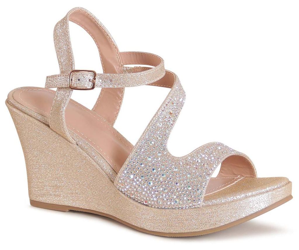 topschuhe24 3237 Damen Keil Sandaletten mit Glitzer, Farbe:Gold, Größe:38 EU