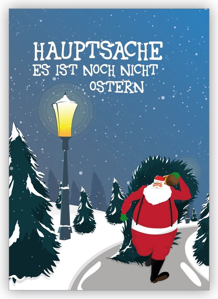 4x Lustige Weihnachtskarte für Verspätete mit Weihnachtsmann: Hauptsache es ist noch nicht Ostern