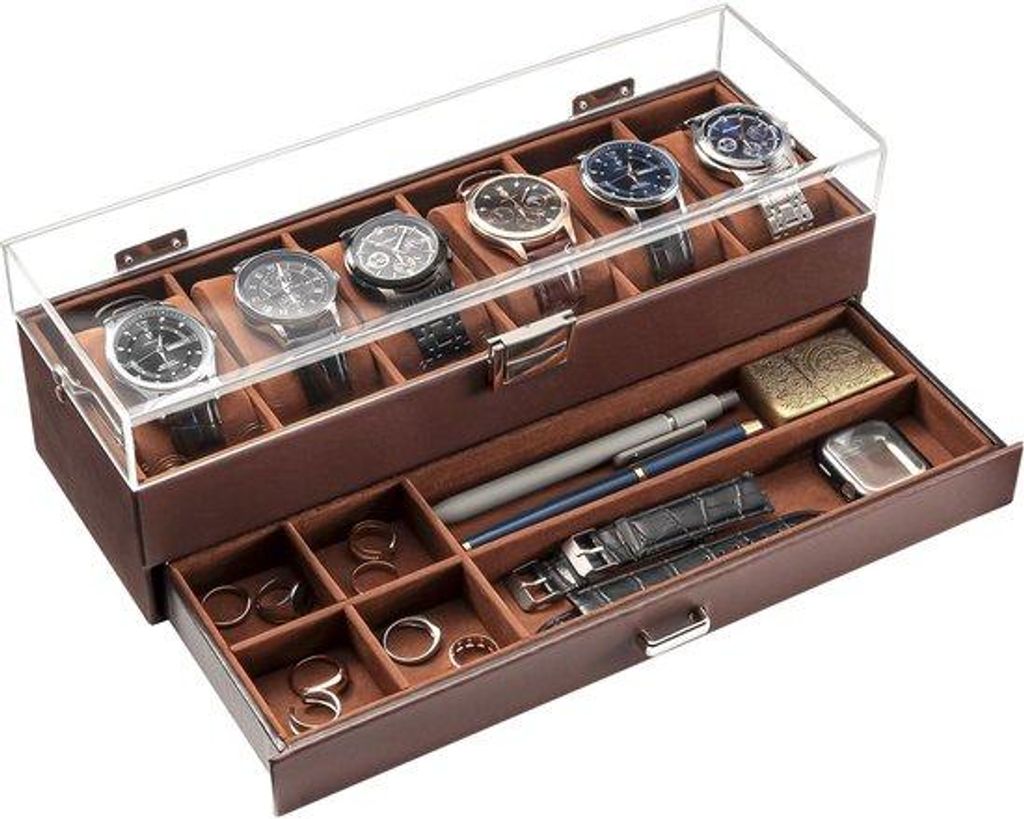 Herren-Uhr-Box mit 6 Fächern, braun, mit Ladestation