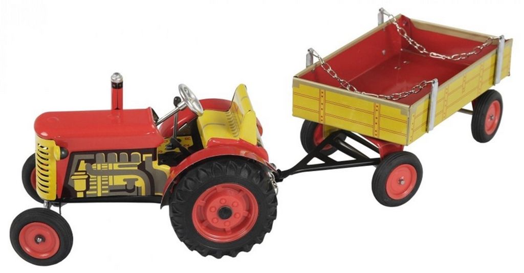 A toy tractor with a trailer, shown from a side-diagonal angle against a white background.