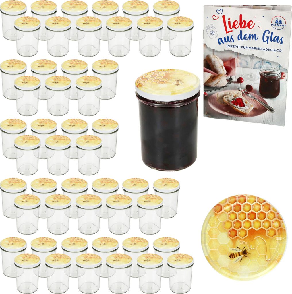 50er Set Sturzglas 230ml HOCH Einmachglas TO66 Honig Deckel Rezept-Heft
