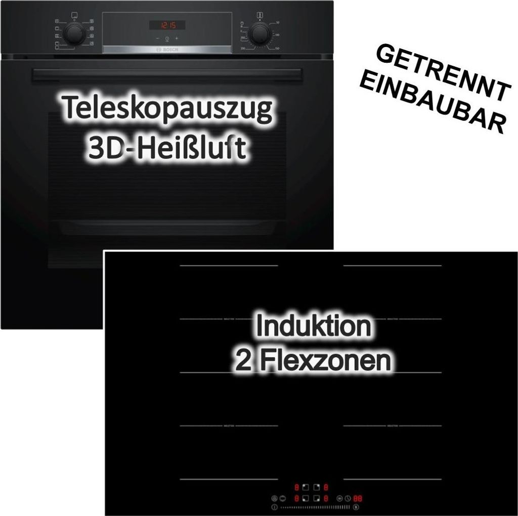 Bosch Backofen Induktionskochfeld Set Schwarz 71 Liter Hydrolyse Pizzafunktion Flexzonen