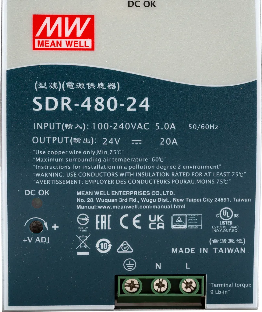 Alimentation 24V 20A NDR-480-24 MEAN WELL Haute Performance 480 Watts