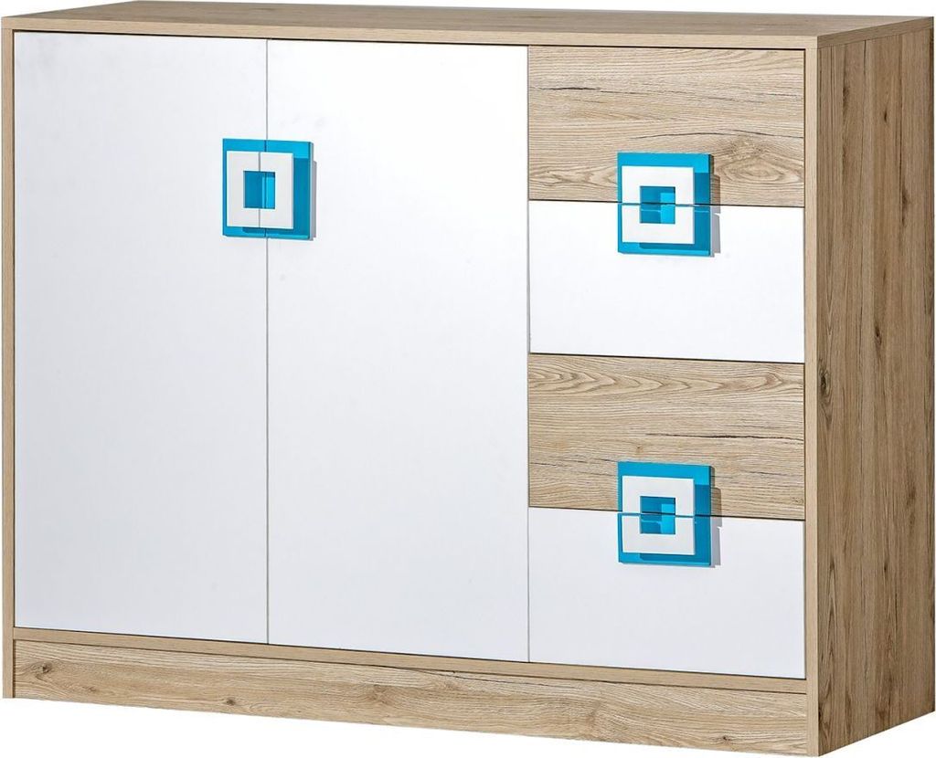 Kinderzimmer - Kommode Fabian 08, Farbe: Eiche Hellbraun / Weiß / Blau - 93 x 120 x 40 cm (H x B x T)
