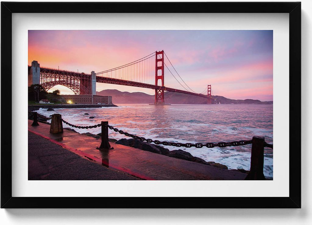Blick auf die Golden Gate Bridge– Wandbild mit Rahmen – Gerahmtes Bild – Wanddekoration – 60x40 cm – Schwarz Rahmen