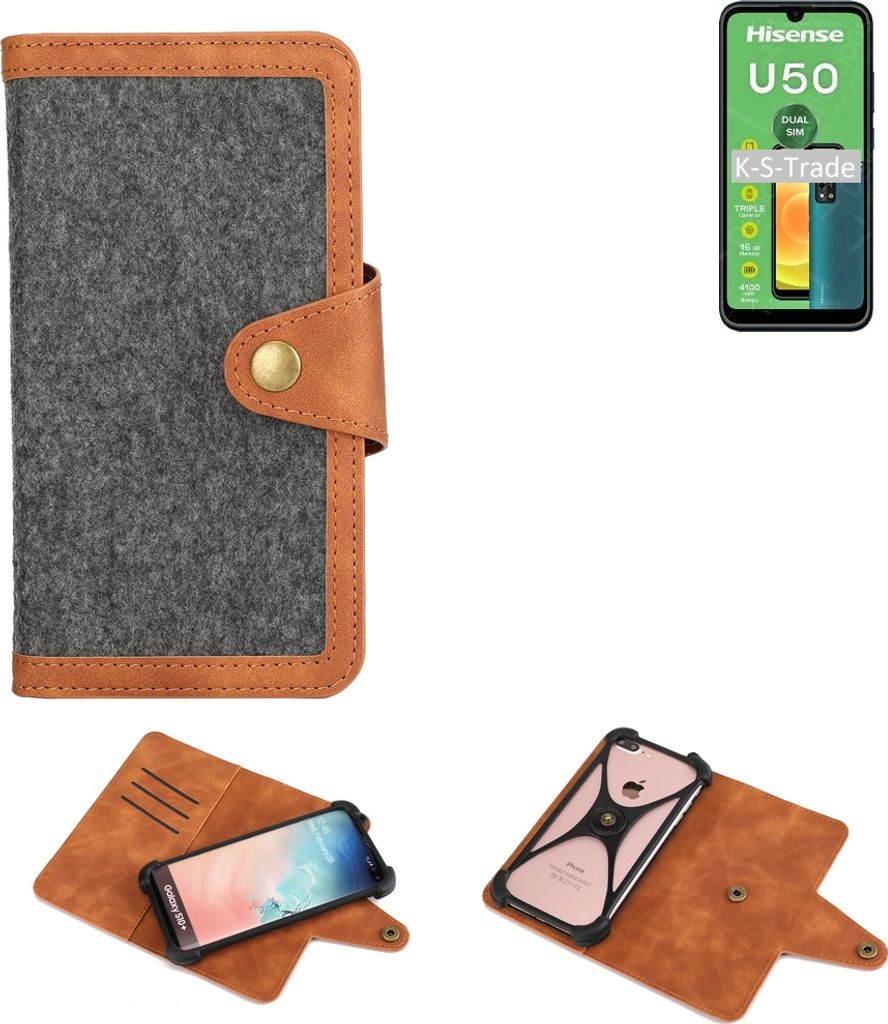K-S-Trade Schutzhülle Handyhülle kompatibel mit HiSense U50 Filz Hülle Kunst-Leder dunkelgrau braun (1x)