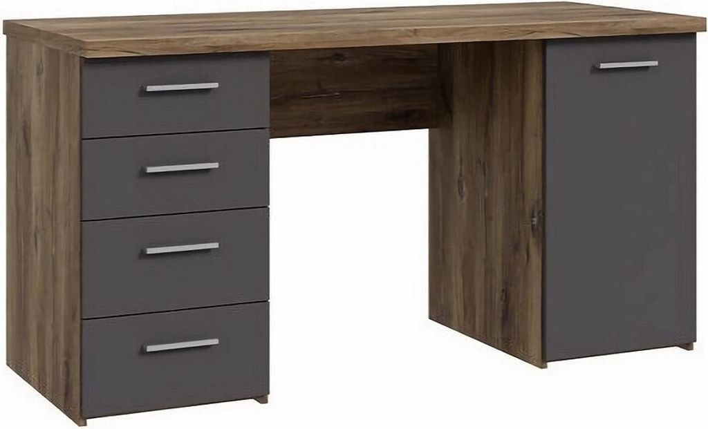 Furniture24 Schreibtisch 145 X 76 X 60 Cm Net106 Mt926-Z13M 4 Schubladen 1 Tür Flagstaff Eiche/Wolfram Grau
