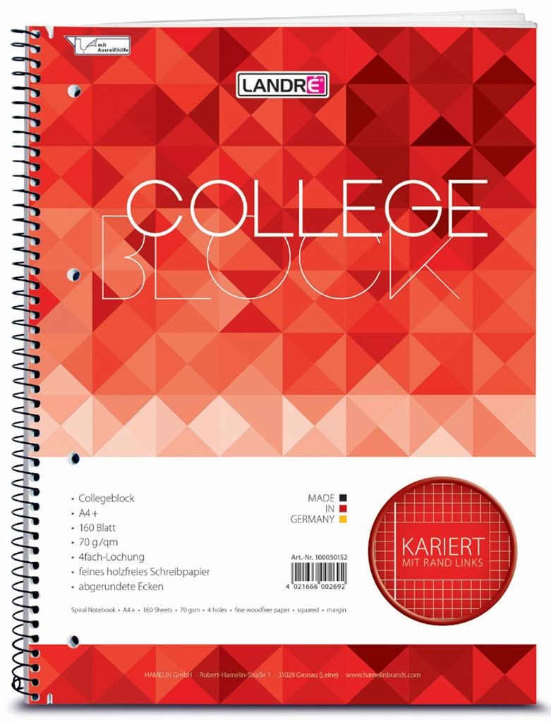 LANDRÉ Collegeblock "college" DIN A4 kariert 160 Blatt
